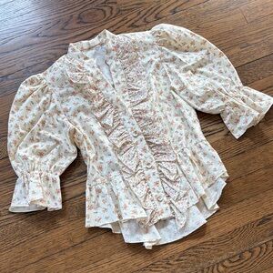 Anthropologie Petersyn yellow Floral Ruffle short sleeve blouse, XS